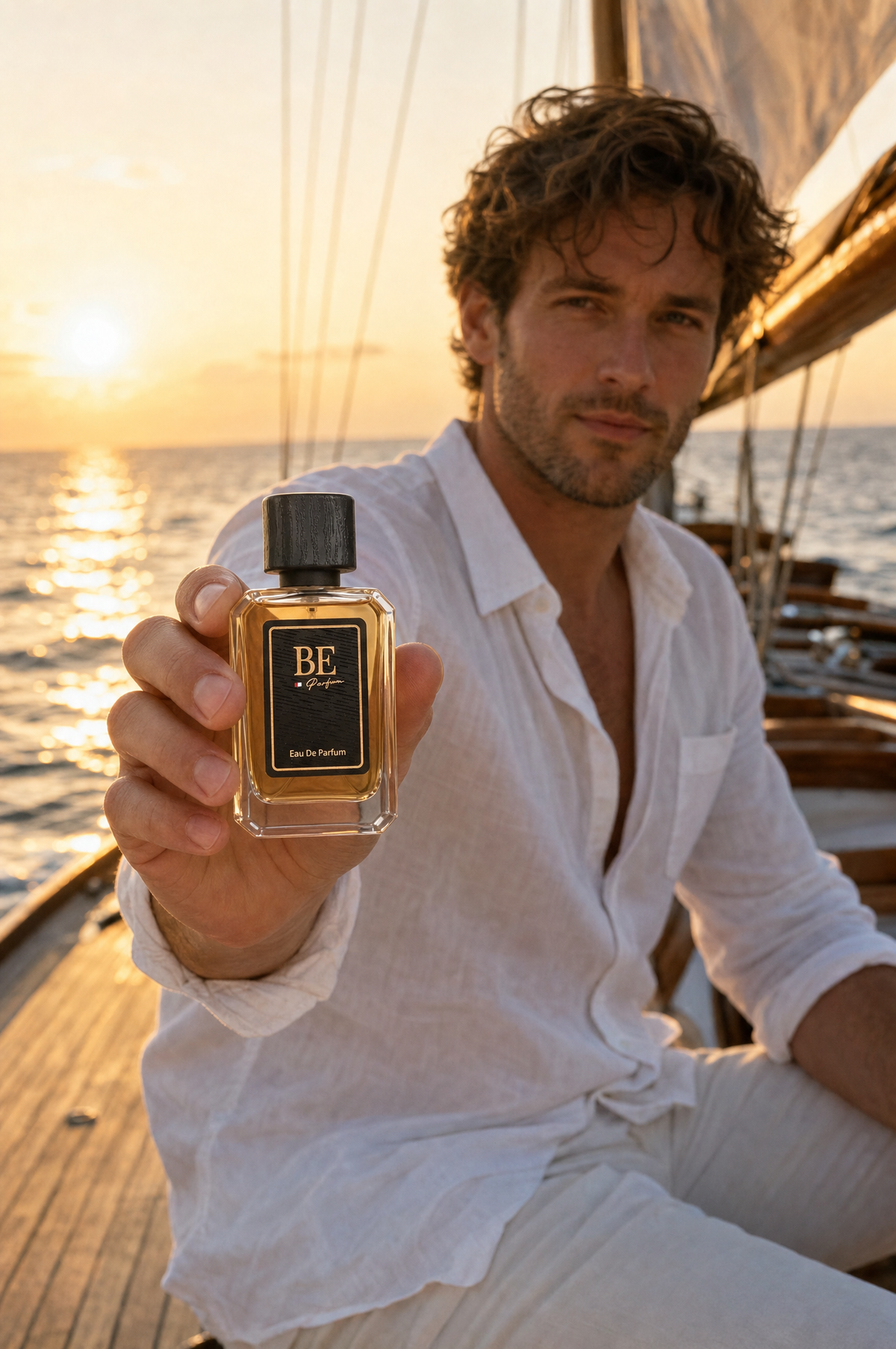 Man op het dek van een zeilboot houdt de flacon naar de camera, zon laag boven zee